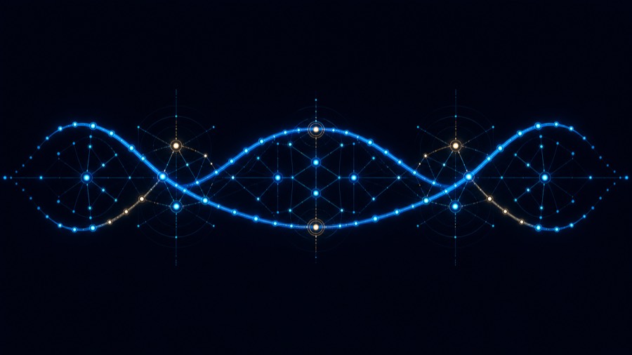 Two strands of linked nodes woven together