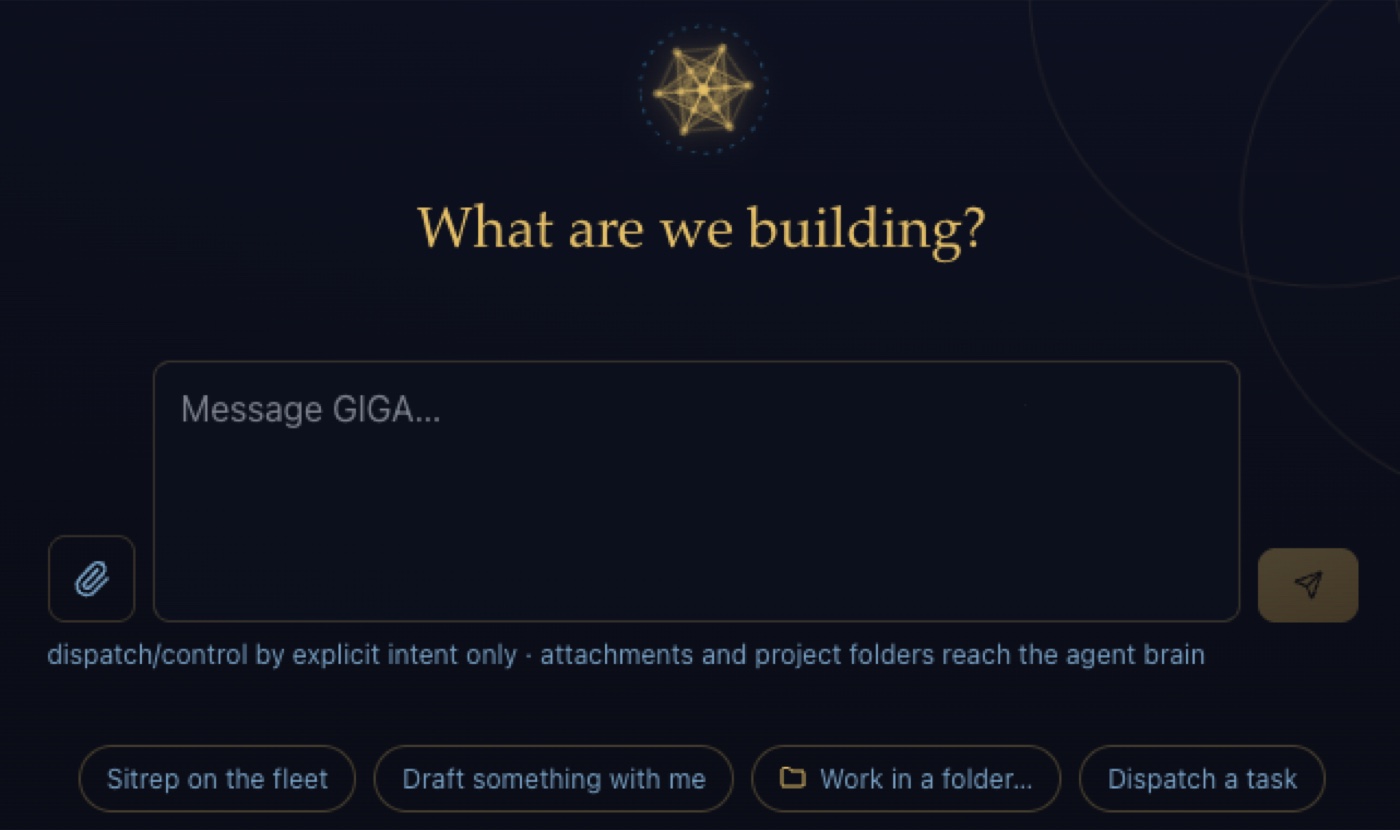 GIGA chat asking: What are we building?, with a message box and quick actions