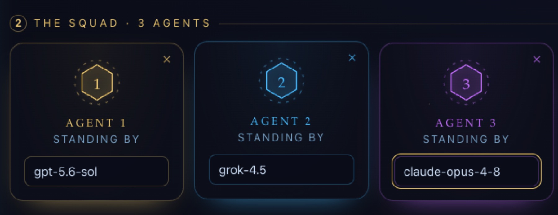 The Squad: three swarm agents standing by on GPT, Grok and Claude models